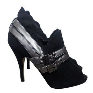 Baby Phat Black 4.5in Open Toe Bootie Heels With Pewter Buckle Straps Size 7M